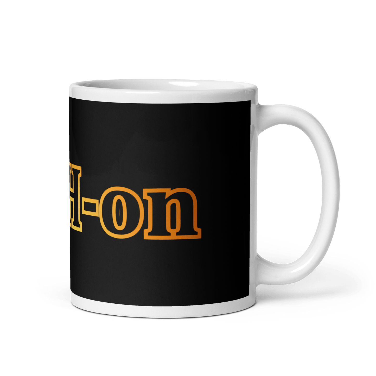 A black glossy mug with a vibrant yellow and orange 'L-YAH-on' logo - faith-based mug
