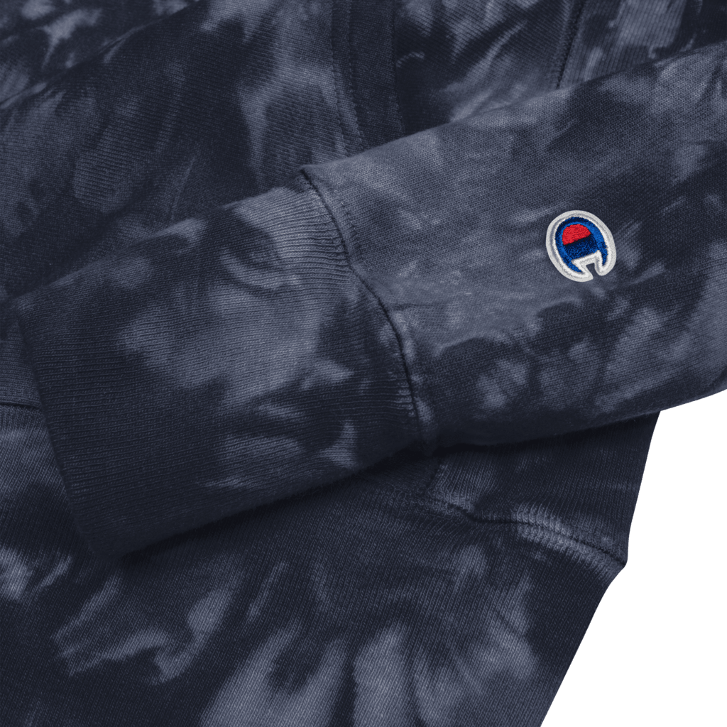 Details of a blue tie-dye hoodie
