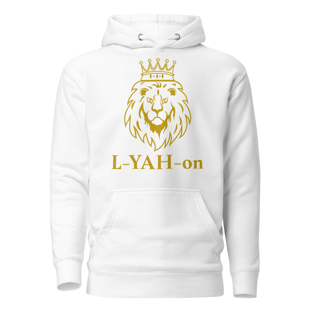 A white unisex hoodie with a golden print of a lion's head wearing a crown and the brand name 'L-YAH-on' below it.