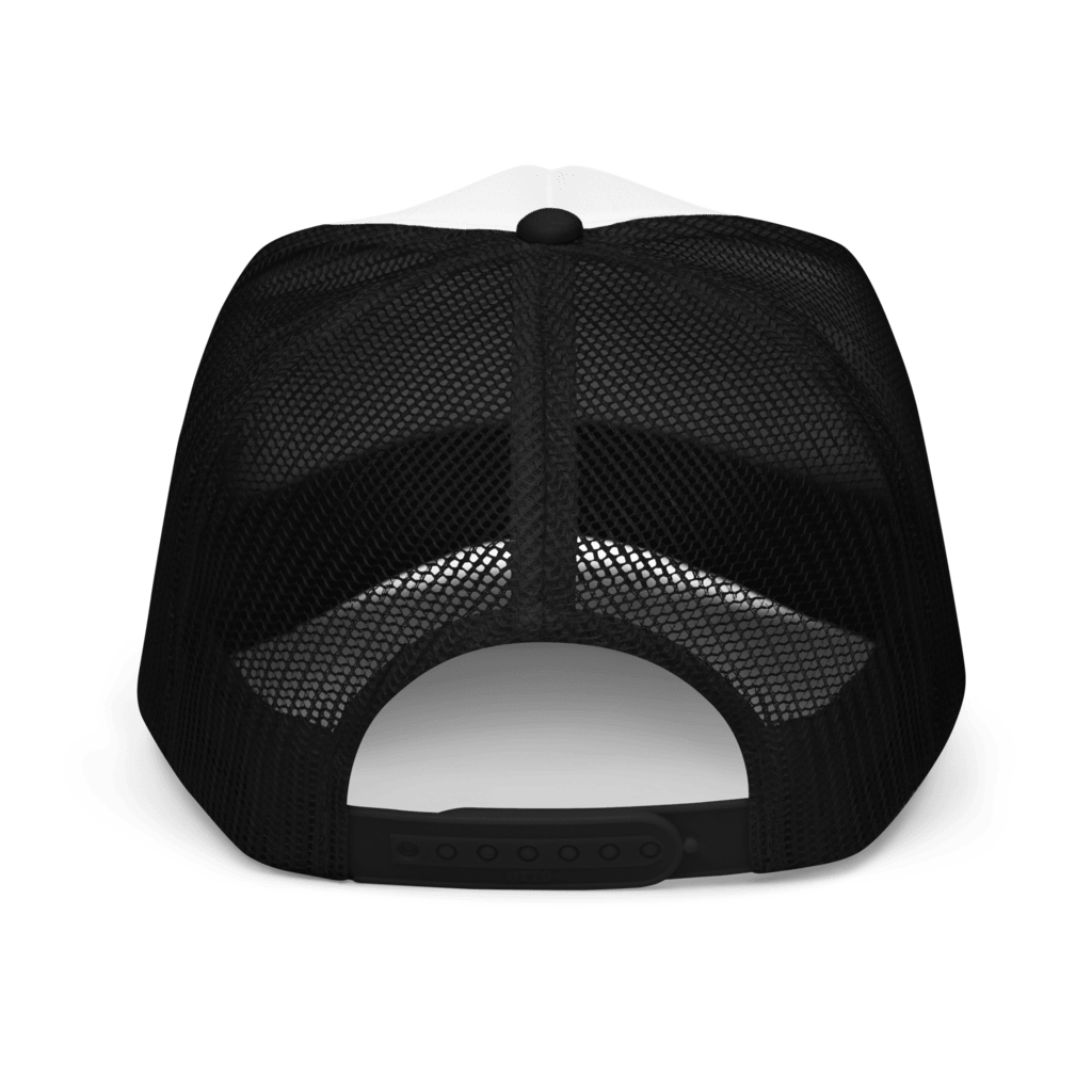 Back of a black foam trucker hat with 'L-YAH-on' text embroidered in white on the front.