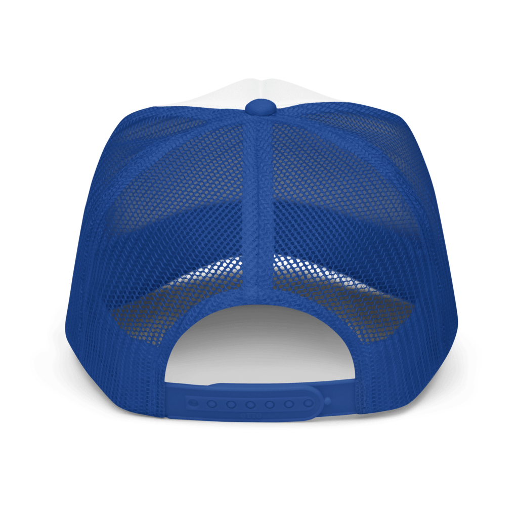 Back of Blue foam trucker hat with 'L-YAH-on' text embroidered - Inspirational accessories