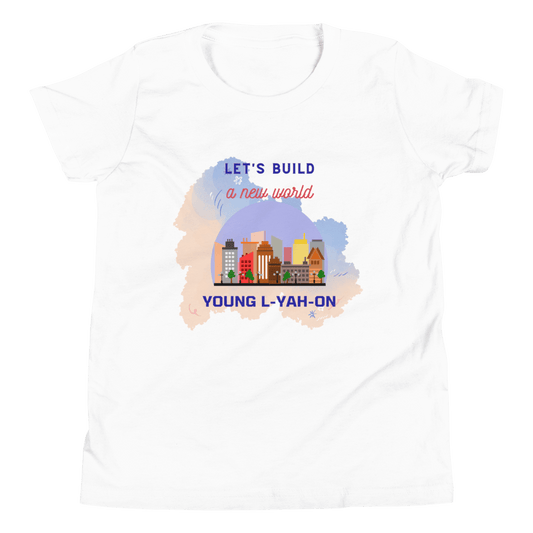 A white t-shirt with a graphic print that includes the text 'LET'S BUILD A NEW WORLD'