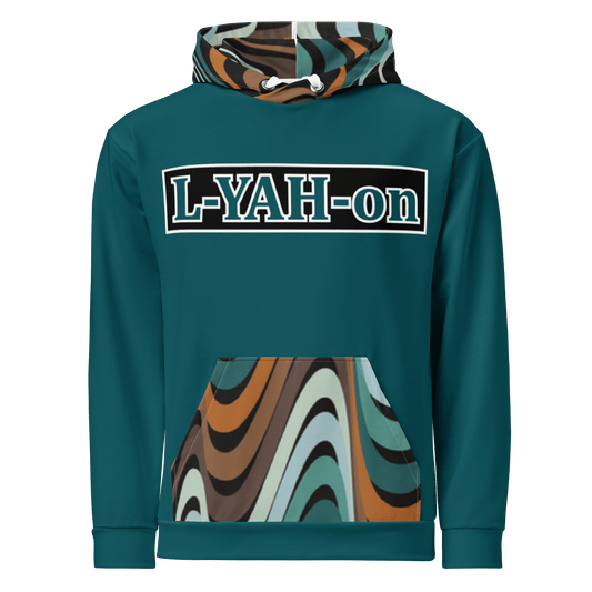 Teal hoodie with 'L-YAH-on' text - biblical message - faith-based online store