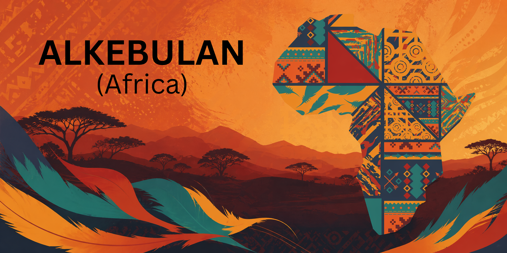 Colorful graphic of a stylized map of Africa with 'Alkebulan (Africa)' text on an orange background.