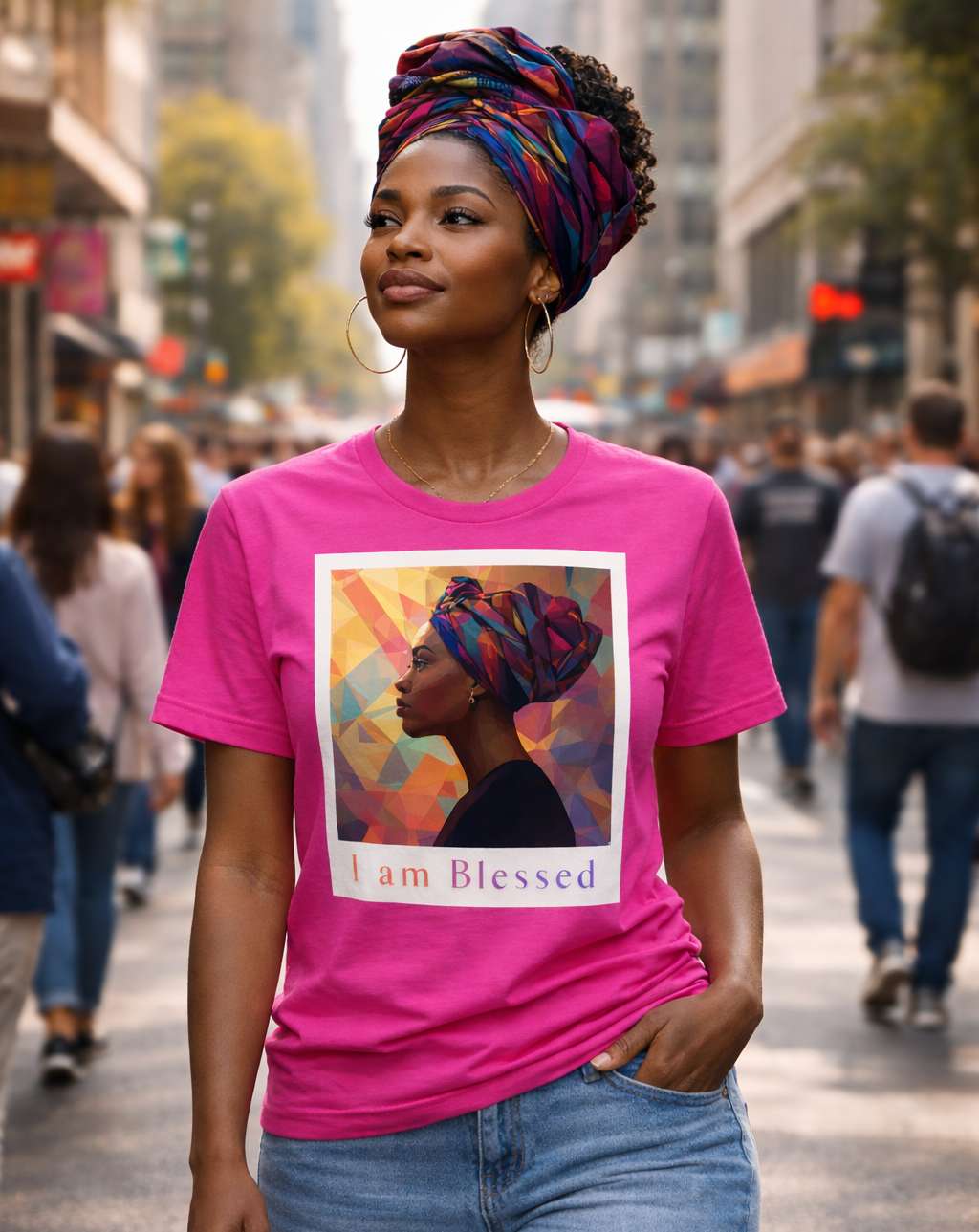 Woman wearing a pink t-shirt with a colorful graphic and text 'I am Blessed' on a busy street.