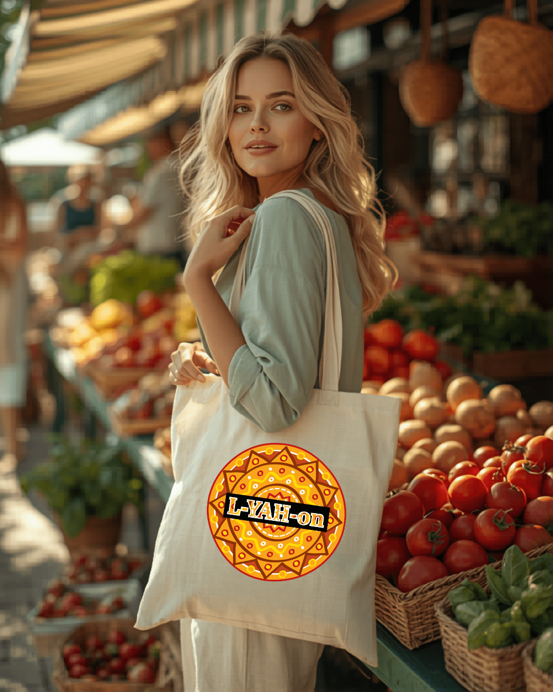 Woman holding a tote bag with a logo at an outdoor market.