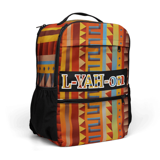 Colorful backpack with geometric pattern and 'L-YAH-ON' text