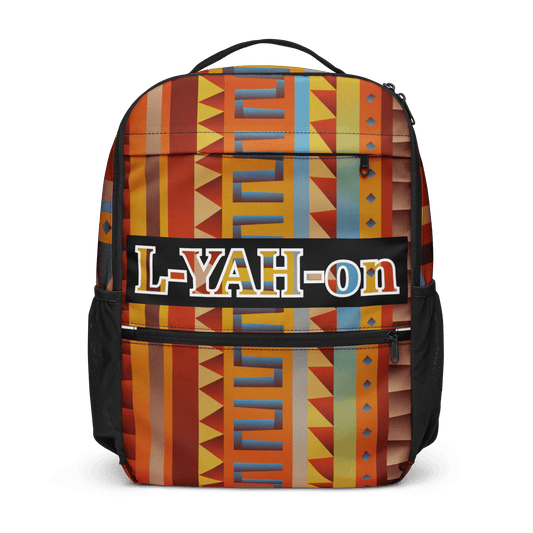 Colorful backpack with geometric pattern and 'L-YAH-on' text