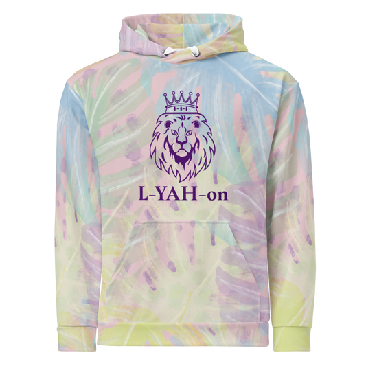 Tie-dye hoodie with lion logo and 'L-YAH-on' text on a white background