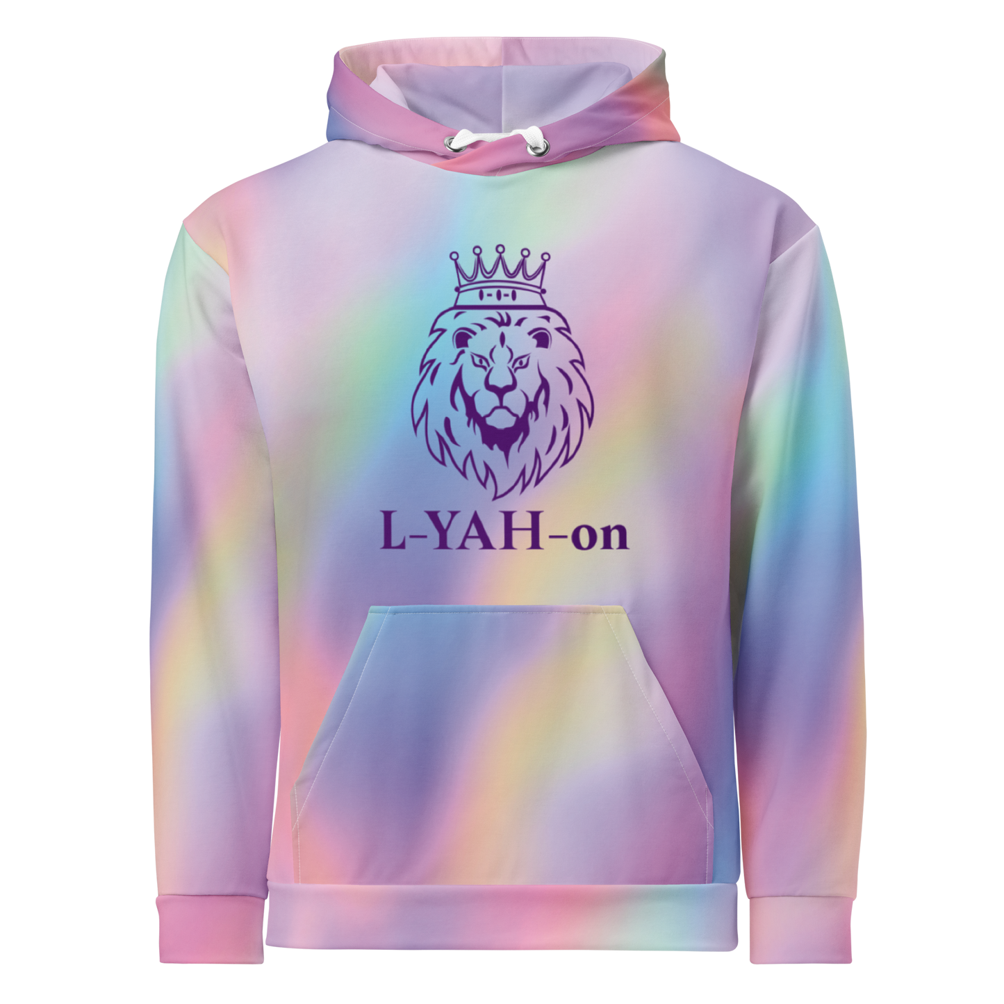 Pastel tie-dye hoodie with a lion graphic and 'L-YAH-on' text on a white background