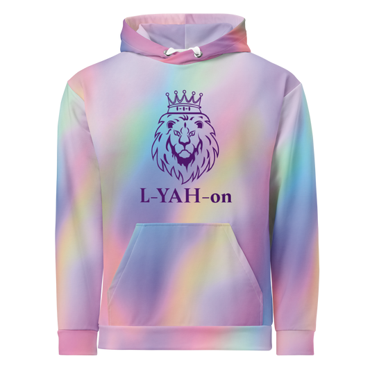 Pastel tie-dye hoodie with a lion graphic and 'L-YAH-on' text on a white background