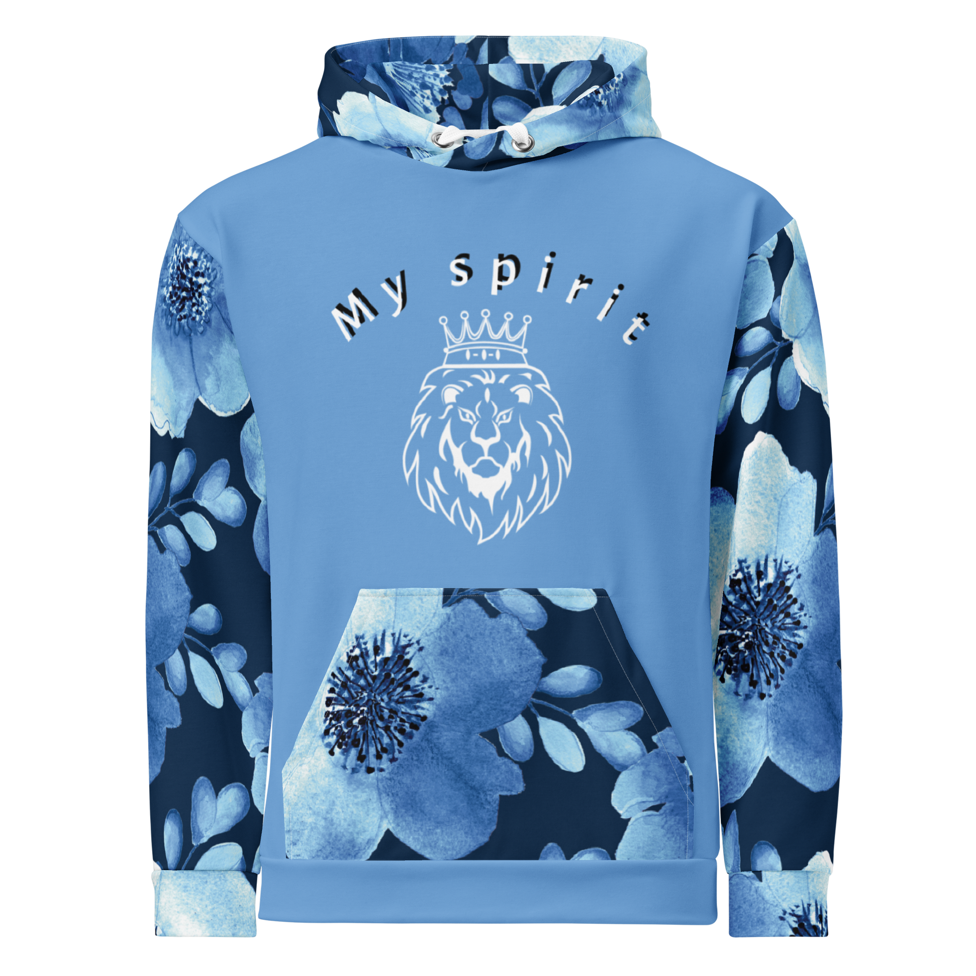 Blue hoodie with floral patterns and 'My Spirit' text on a white background