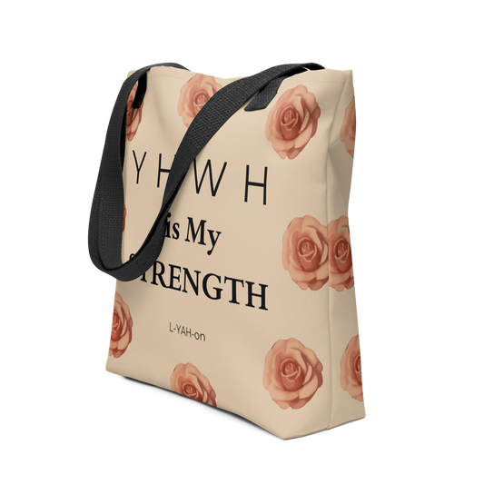 Tote bag with rose pattern and text on a beige background