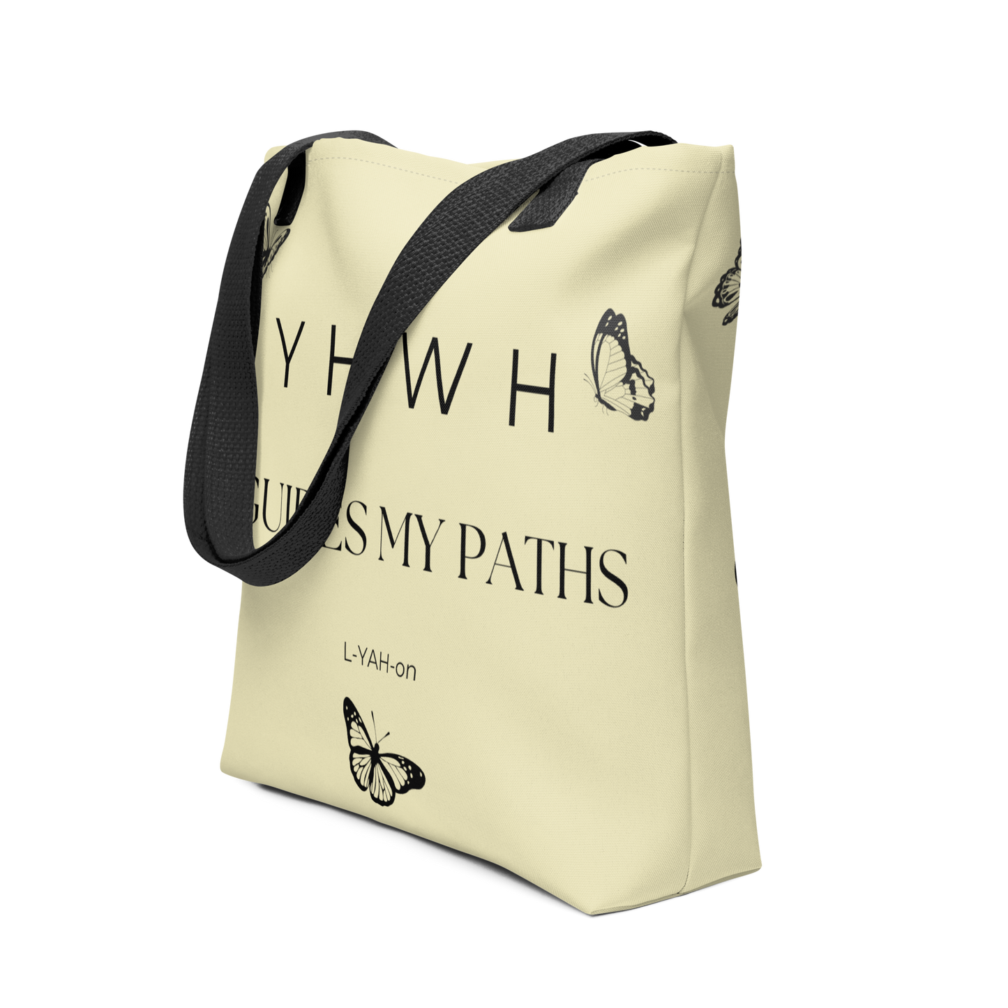 White tote bag with black strap