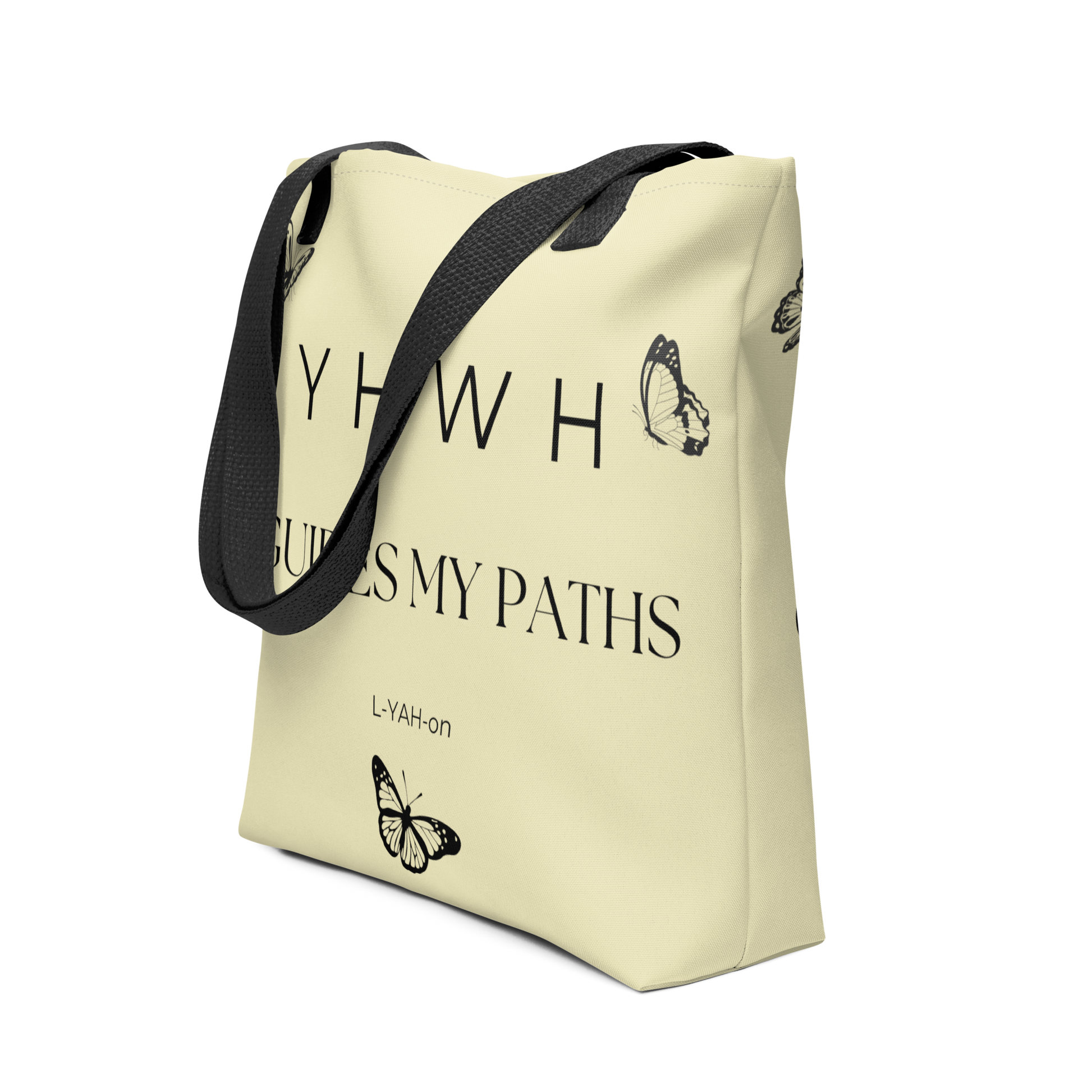 White tote bag with black strap