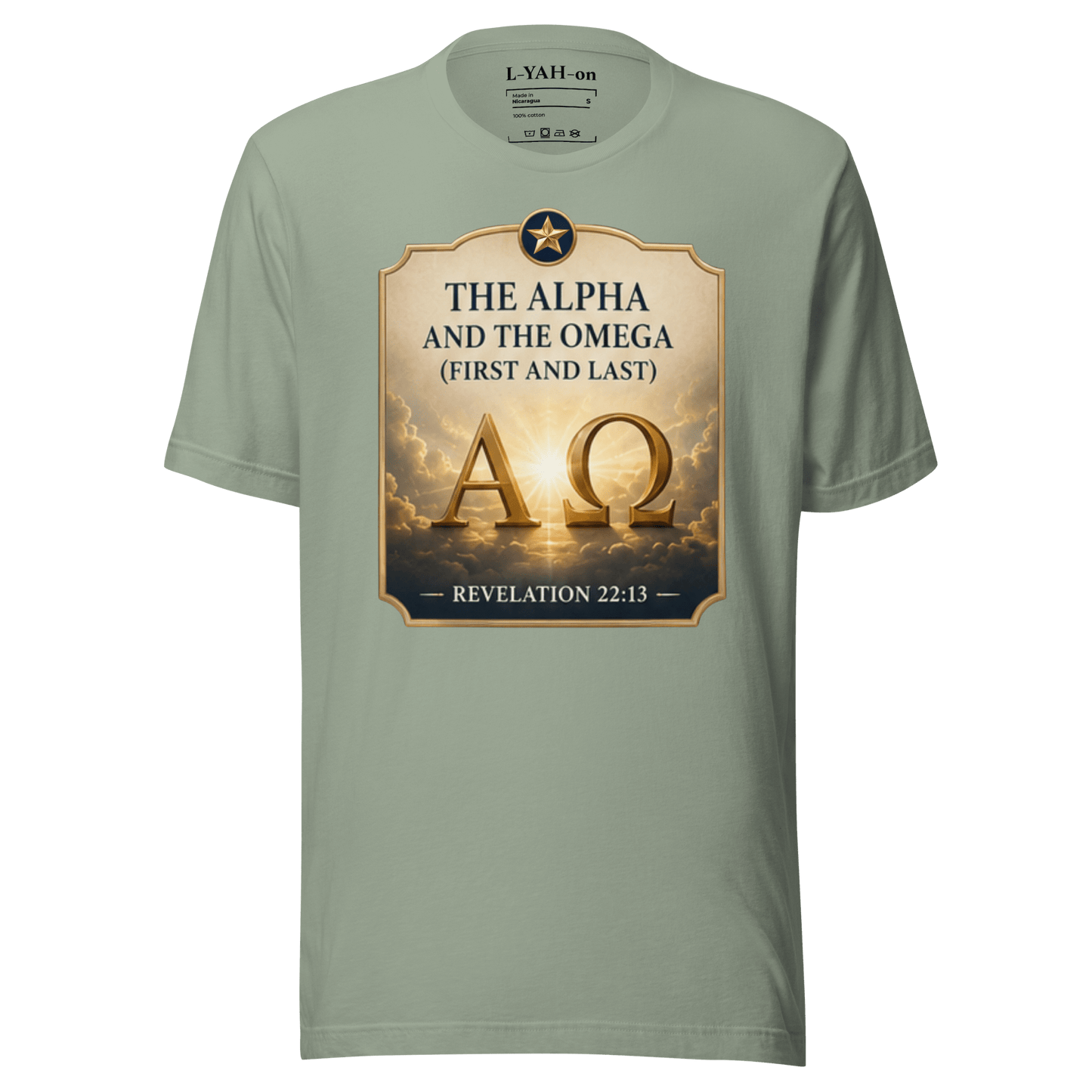 Faith-inspired Alpha and Omega T-shirt featuring Revelation 22:13 