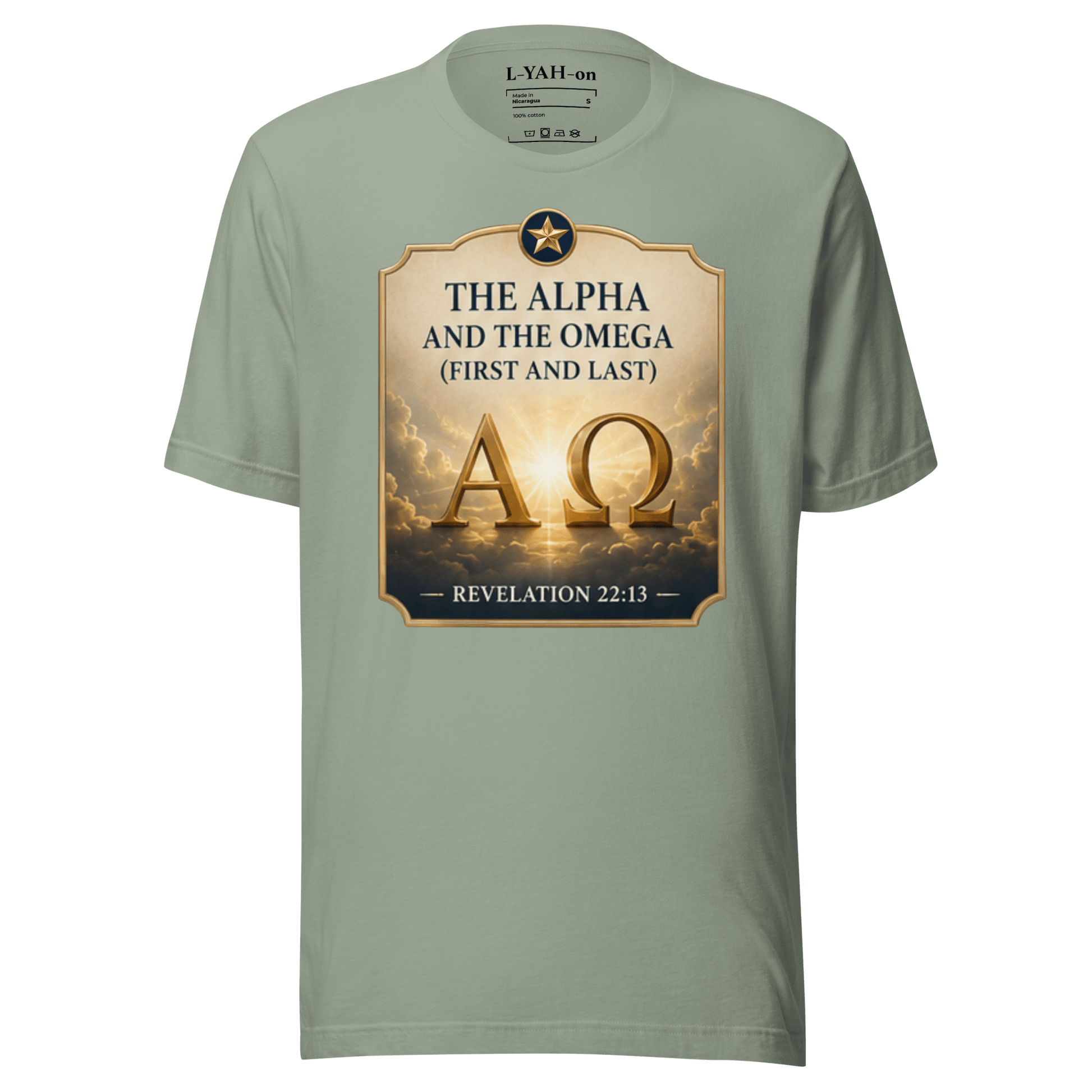 Faith-inspired Alpha and Omega T-shirt featuring Revelation 22:13 