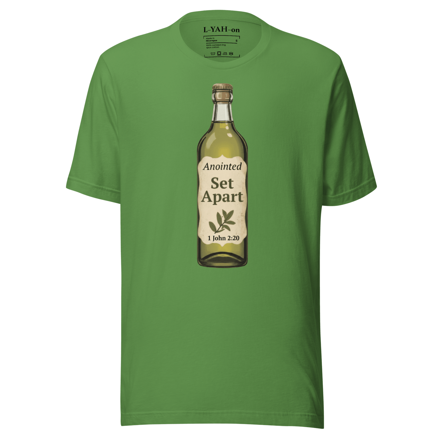 Green t-shirt with a bottle graphic and text on a white background