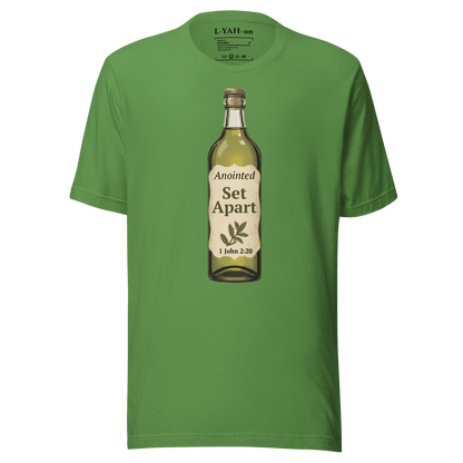 Green t-shirt with a bottle graphic and text on a white background