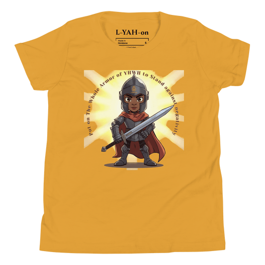 Yellow t-shirt with a warrior graphic and text on a white background