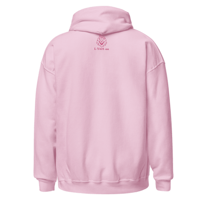 Pink hoodie with a logo on the back 
