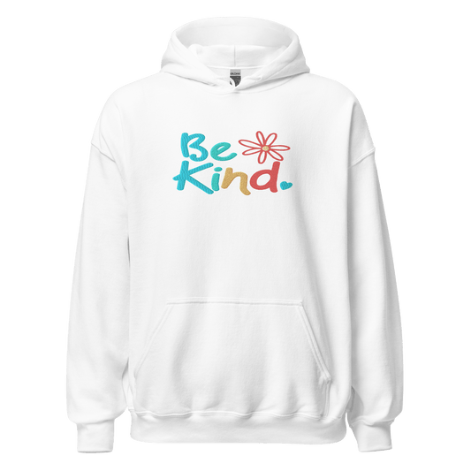 White hoodie with 'Be Kind' text and flower graphic
