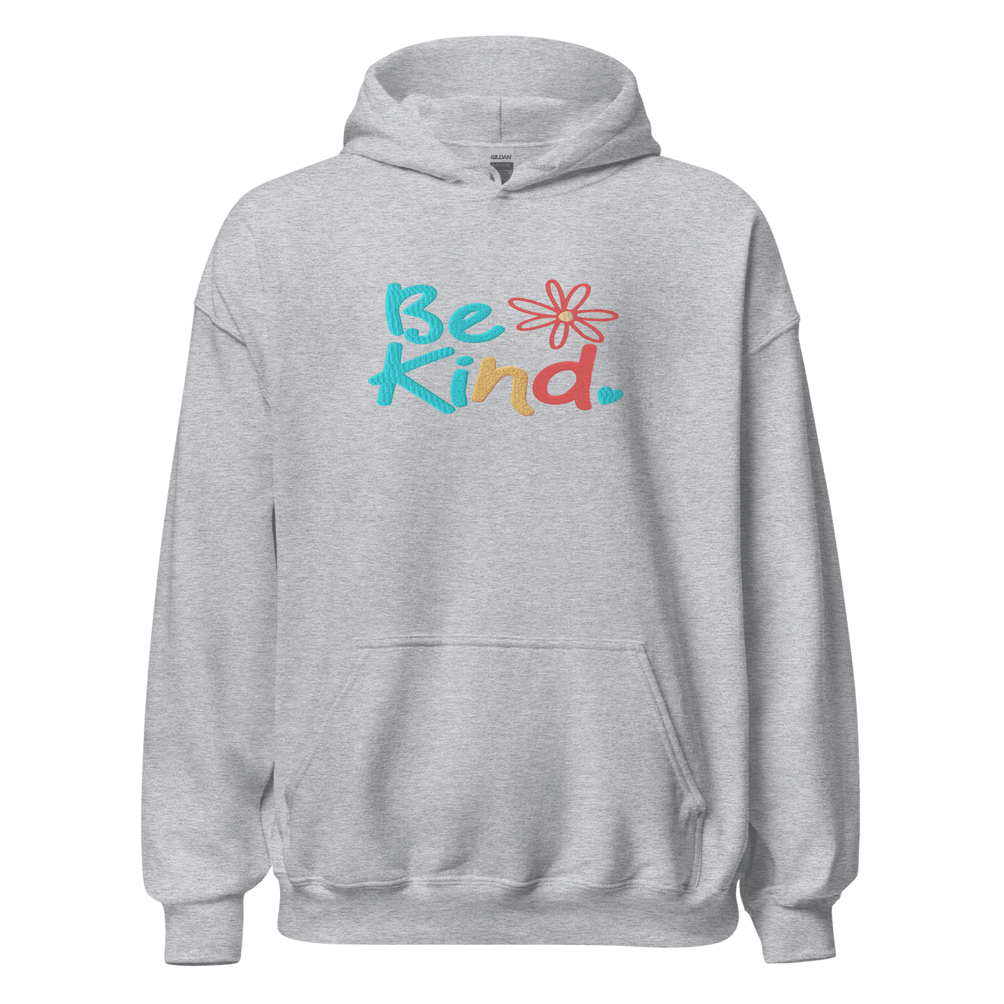 Gray hoodie with 'Be Kind' text and flower graphic