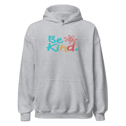 Gray hoodie with 'Be Kind' text and flower graphic
