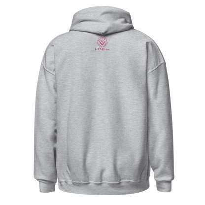 Gray hoodie with a logo on the back 
