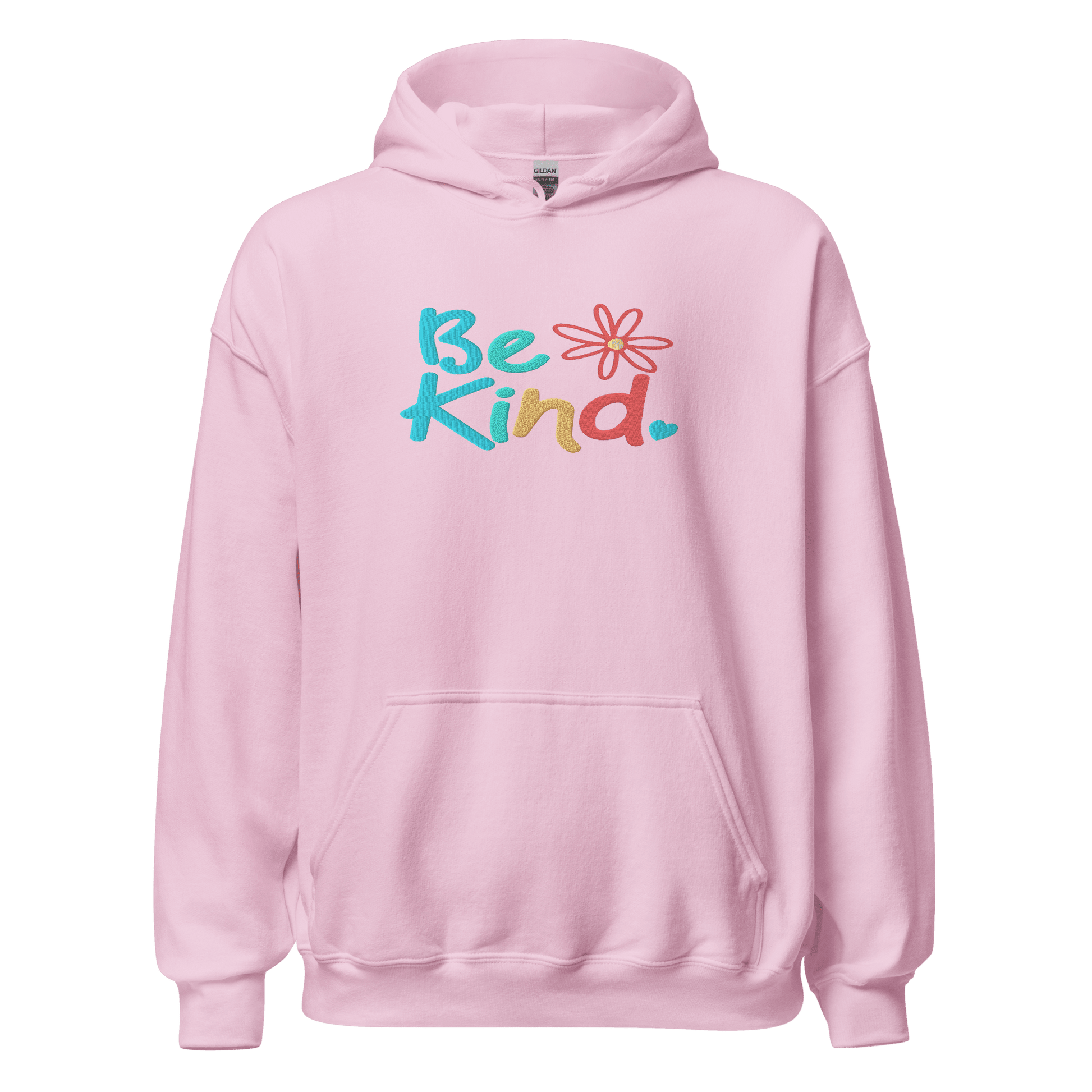 Pink hoodie with 'Be Kind' text and flower graphic 