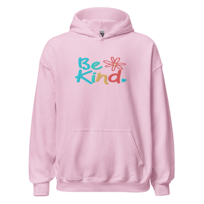 Pink hoodie with 'Be Kind' text and flower graphic 