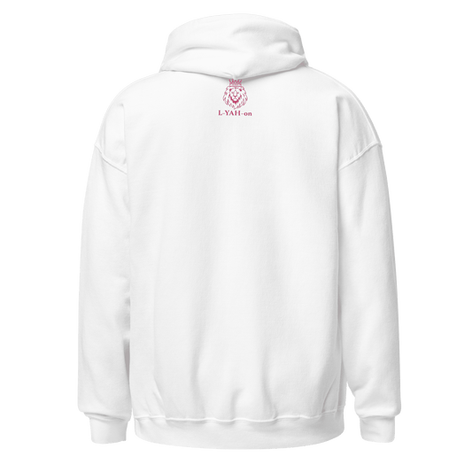 White hoodie with a logo on the back 