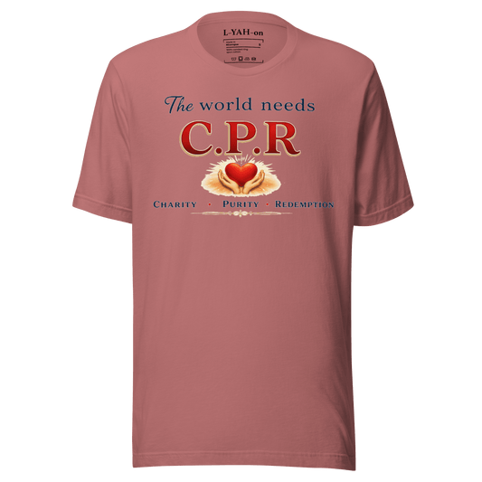 Mauve t-shirt with 'C.P.R.' text and heart design on a green background