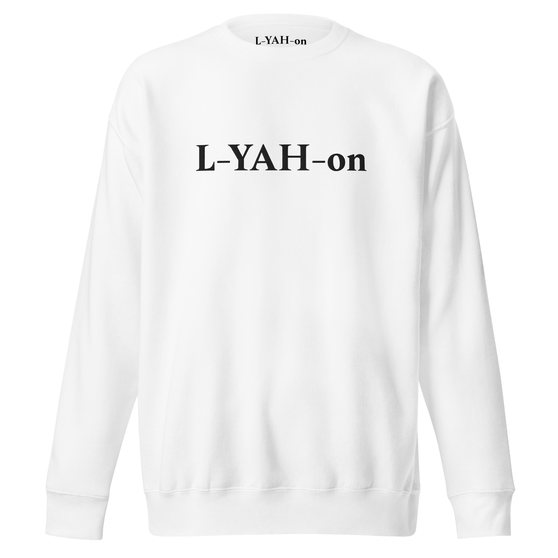 White sweatshirt with 'L-YAH-on' text on a white background