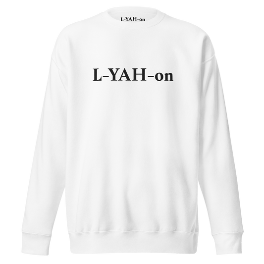 White sweatshirt with 'L-YAH-on' text on a white background