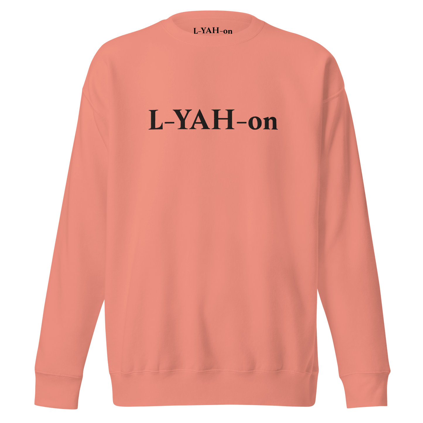 Peach sweatshirt with 'L-YAH-on' text on the back against a white background