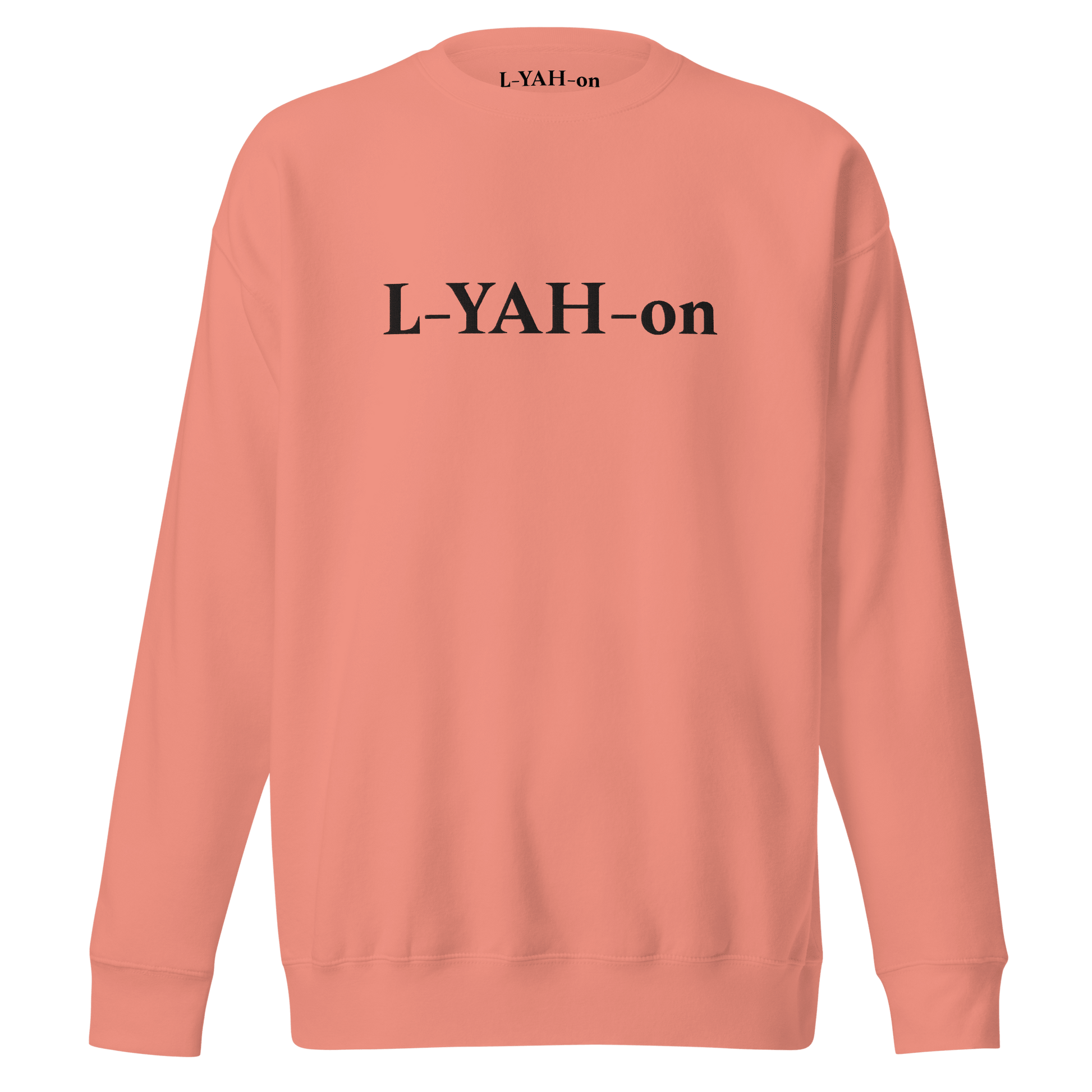 Peach sweatshirt with 'L-YAH-on' text on the back against a white background