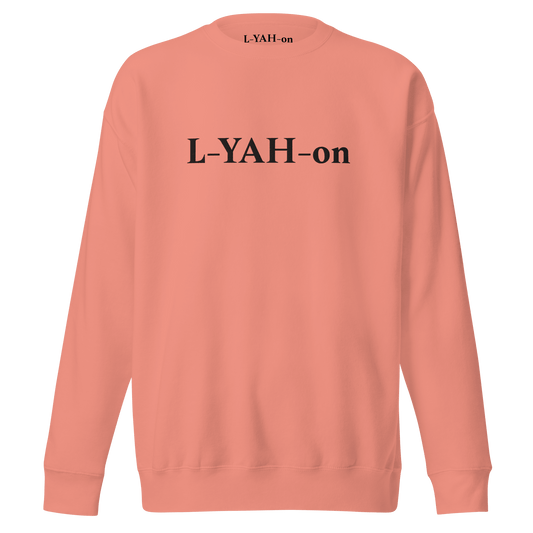 Peach sweatshirt with 'L-YAH-on' text on the back against a white background