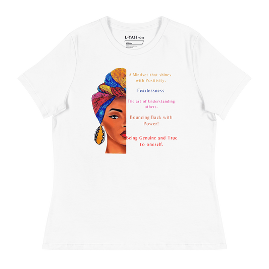 A white t-shirt featuring a graphic print of a woman's profile with a colorful headwrap and text elements.