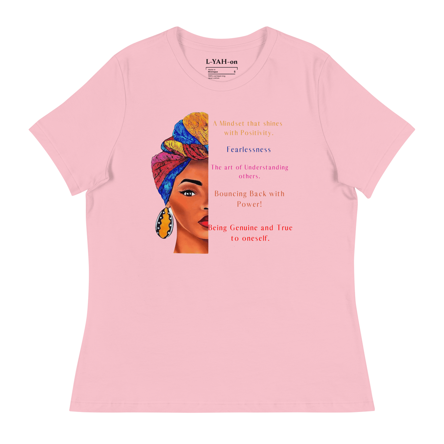 A black t-shirt featuring a graphic print of a woman's profile with a colorful head-wrap  - faith-driven lifestyle