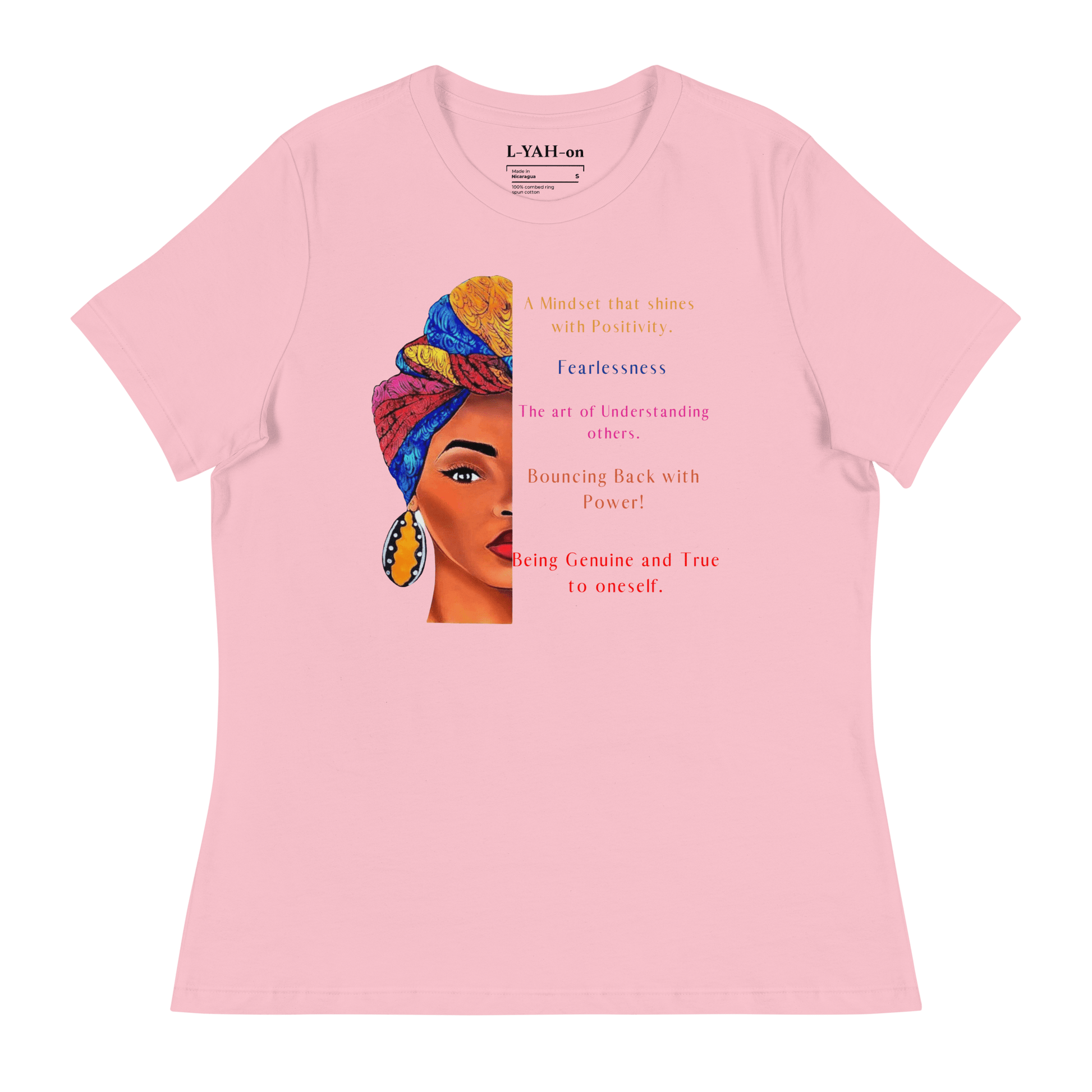 A black t-shirt featuring a graphic print of a woman's profile with a colorful head-wrap  - faith-driven lifestyle