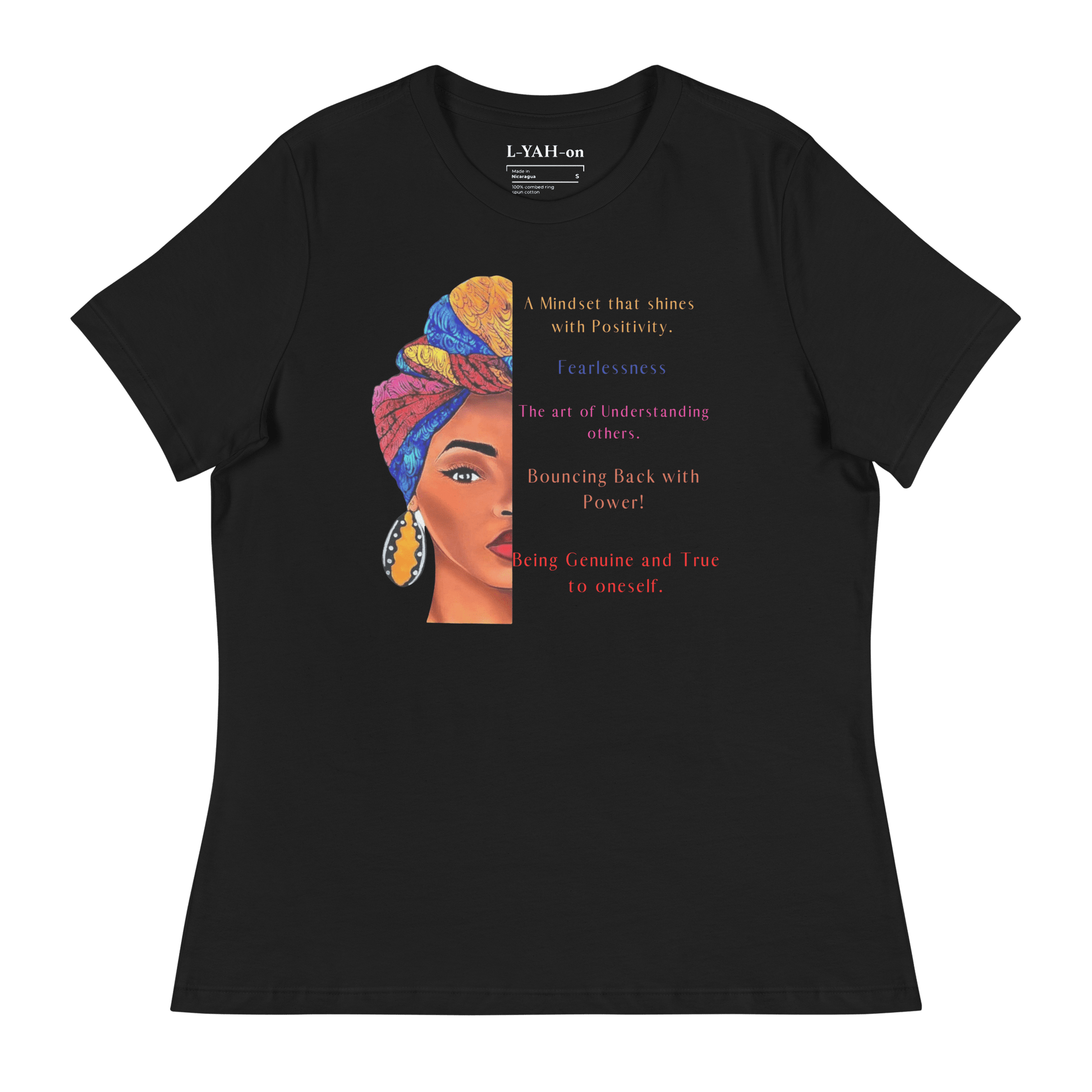 A black t-shirt featuring a graphic print of a woman's profile with a colorful head-wrap  - faith-driven lifestyle
