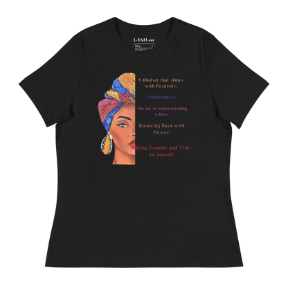 A black t-shirt featuring a graphic print of a woman's profile with a colorful head-wrap  - faith-driven lifestyle