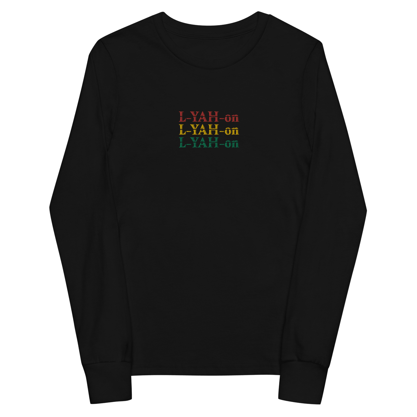 Black sweatshirt with colorful 'L-YAH-on' text
