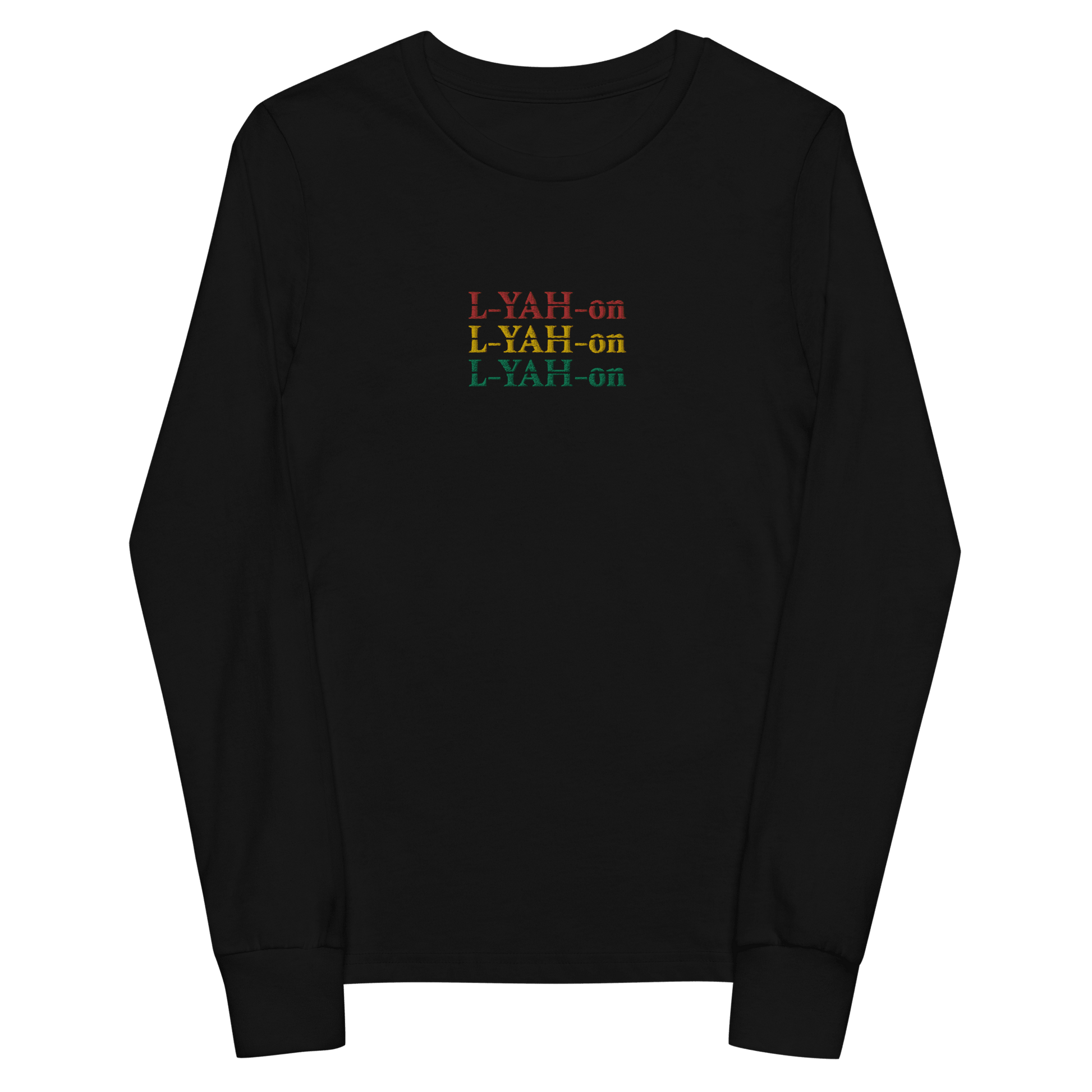 Black sweatshirt with colorful 'L-YAH-on' text