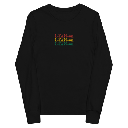 Black sweatshirt with colorful 'L-YAH-on' text