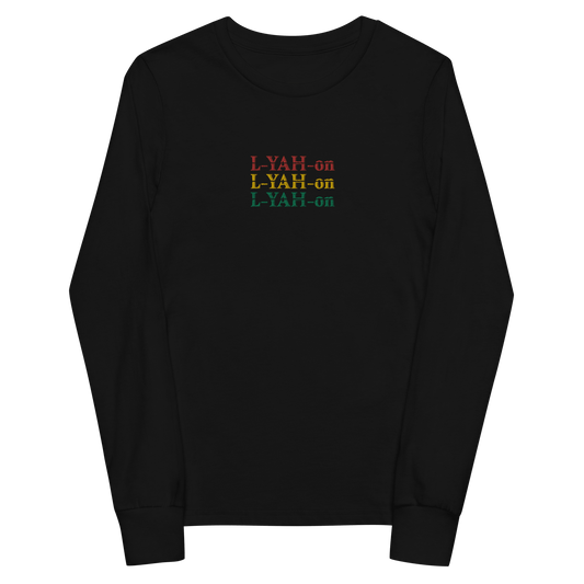 Black sweatshirt with colorful 'L-YAH-on' text