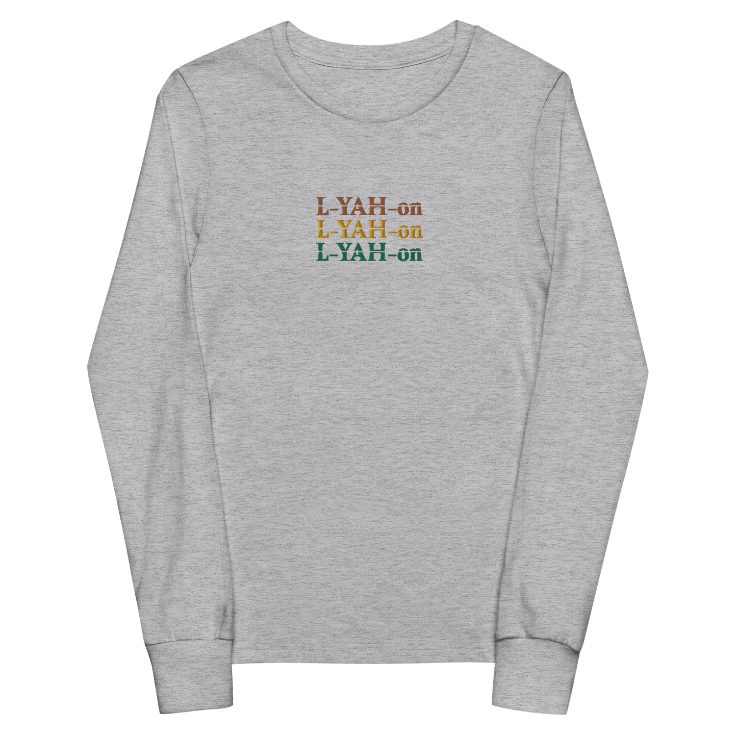 Gray long-sleeve shirt with 'LYAH-on' text in multicolor 