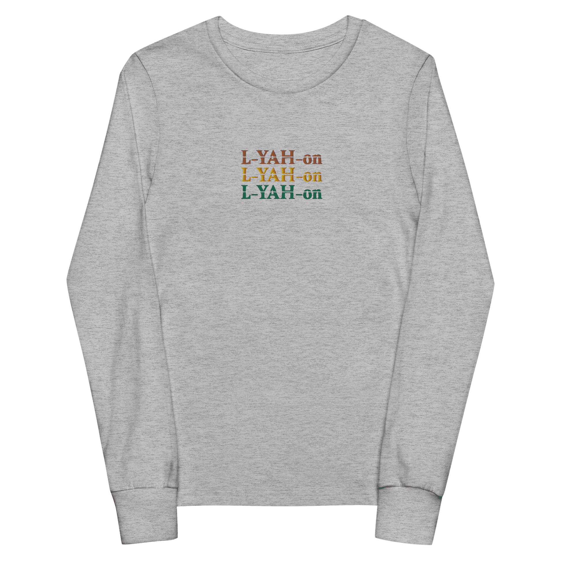 Gray long-sleeve shirt with 'LYAH-on' text in multicolor 