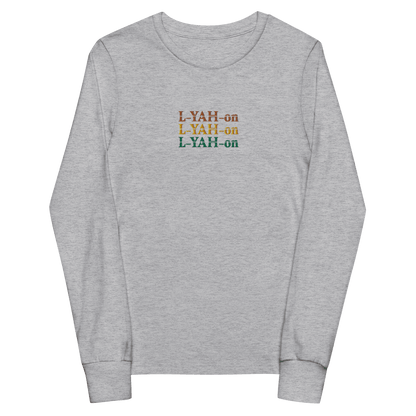 Gray long-sleeve shirt with 'LYAH-on' text in multicolor 